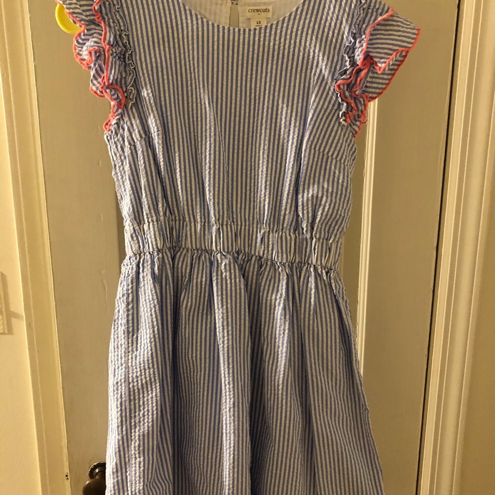 Crewcuts Blue & White Striped Seersucker Dress with Coral Trim